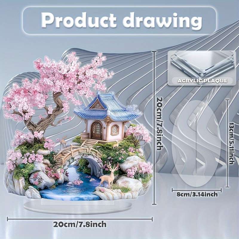 1pc 2D Flat  Bohemian Style Acrylic Cherry Blossom Tree Sculpture  Crystal Landscape Display wit