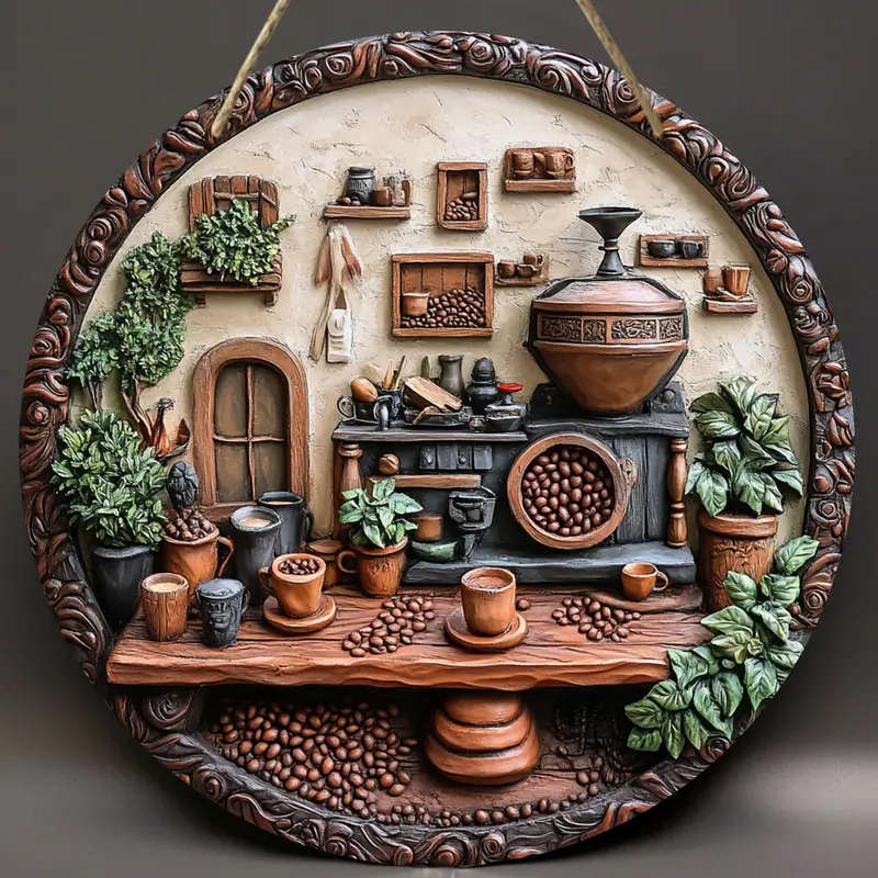 1pc Rustic Round Wooden Coffee Machine Theme Wall Art 20.32x20.32cm 2D Flat Printed Sign for Home Of