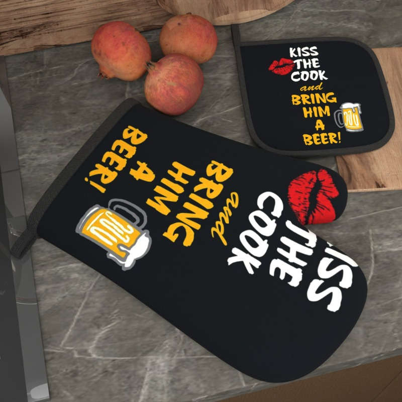 2pcs Heat-Resistant Oven Mitts Pot Holders Beer-Themed Kitchen Gloves with Fun Phrases Bla
