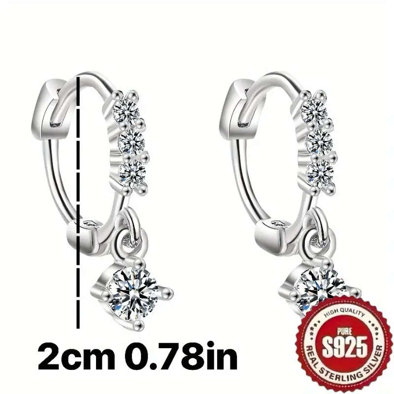 925 Silver, Earrings with Inlaid with Round Synthetic Zirconia