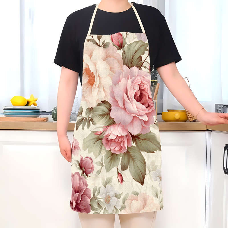 1pc Elegant Floral Linen Apron Peony Blossom Print Lightweight Durable for Cooking Baki