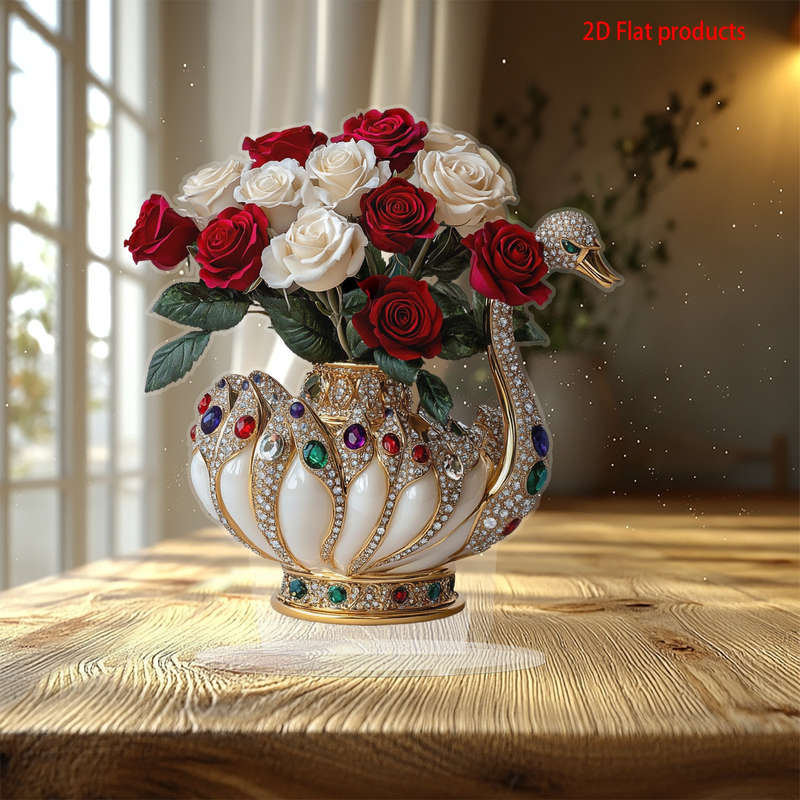 1pc 2D Flat  Elegance Swan Vase with Gemstone Embellishments White and Gold Acrylic Tabletop Deco