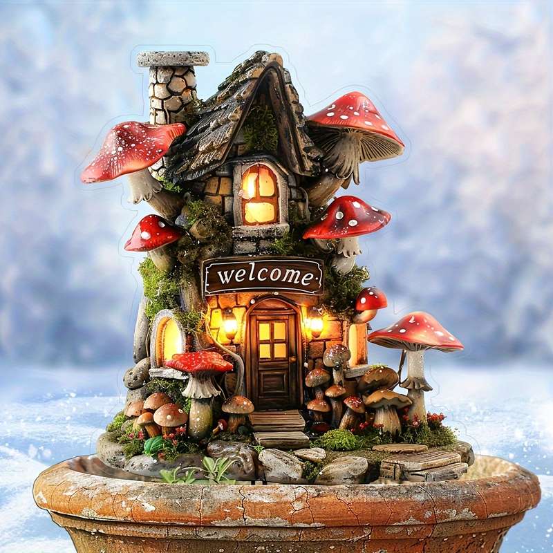 1pc 2D Flat    Acrylic Mushroom House Garden Insert Card Vibrant Red White Mushroom D