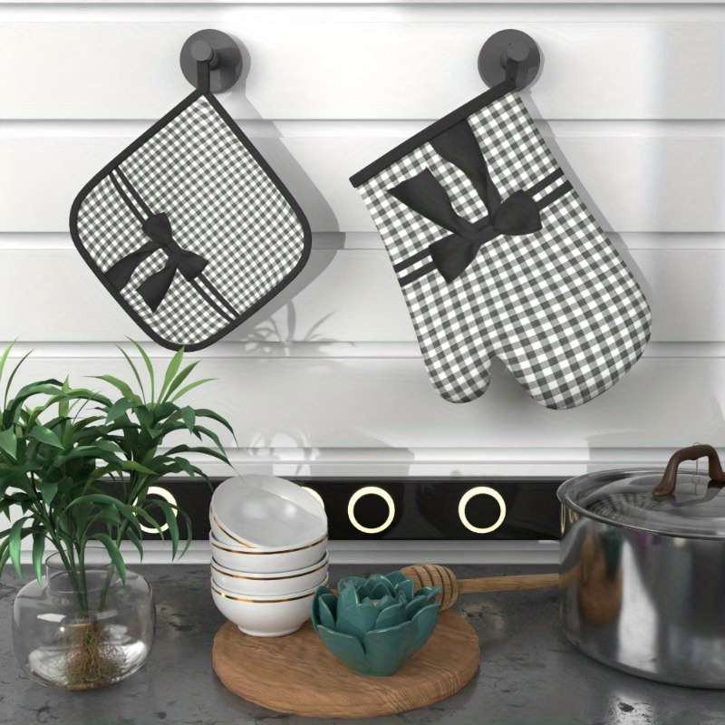 2pcs Heat Resistant Oven Mitts Woven Polyester Potholders with Black and White Checked Bow Des