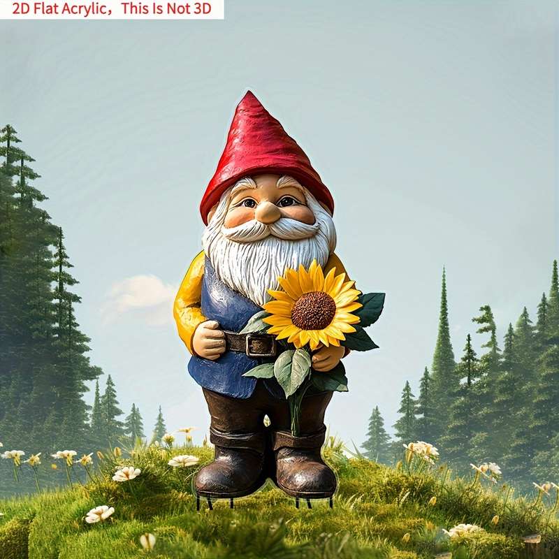 1pc 2D Flat   Charming Sunflower Garden Gnome  Acrylic Yard Stake Bonsai Decor Whimsical