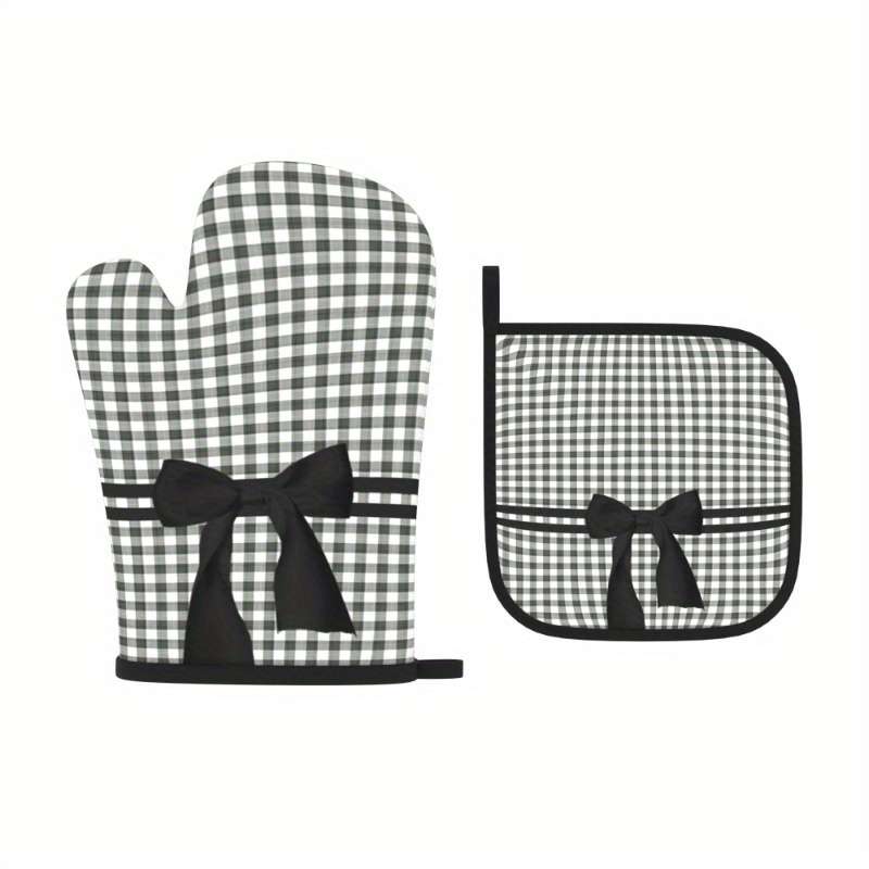 2pcs Heat Resistant Oven Mitts Woven Polyester Potholders with Black and White Checked Bow Des