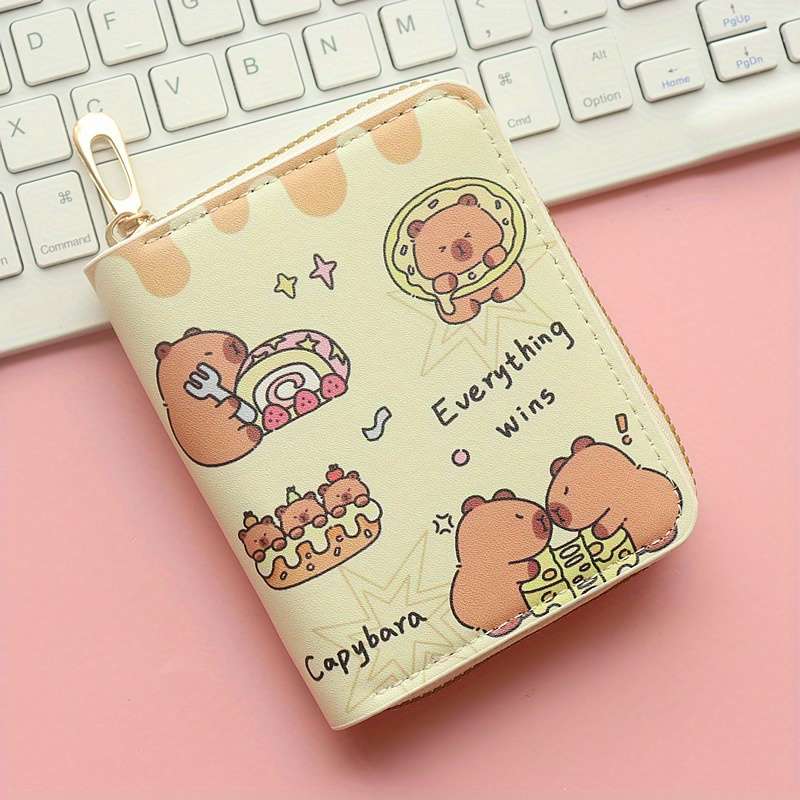 1pc Capybara Cartoon Compact Wallet for Women Cute Kawaii Design with ID Window Coin Pocket Hi