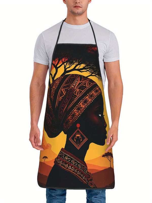 1pc Vibrant African Print Kitchen Apron Stylish Black Woman Design with Tribal Patterns Durable