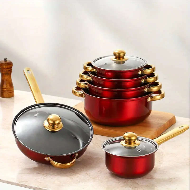 12-Piece Red Stainless Steel Frying Pan Set with Lids