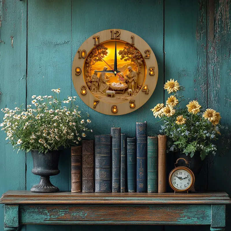 1pc 2D Vintage Wooden Round Wall Clock Featuring a Nativity Scene Designed in a Cottage Style for Ho