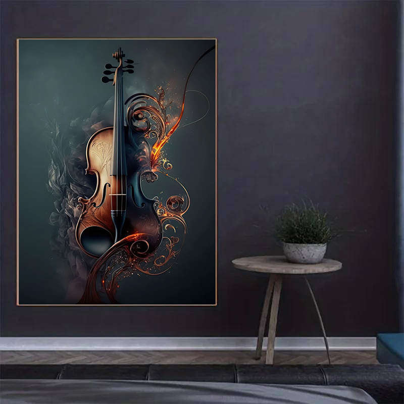 1pc  Large 79.98x119.99cm Frameless Canvas Art Elegant Violin Design with Fiery Swirls Modern