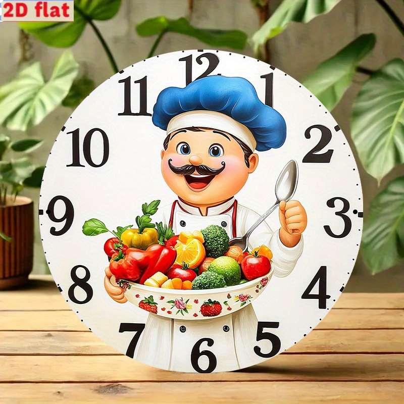 1pc Vintage Kitchen Wall Clock Cartoon Chef and Vegetable Design High-Definition Not real clock