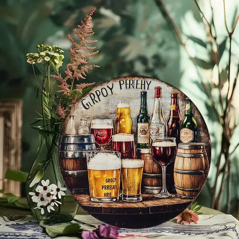 1pc Beer Wine Themed Round Aluminum Wall Hanging Sign 19.81 cm Diameter Ideal for Home Farmhouse Caf