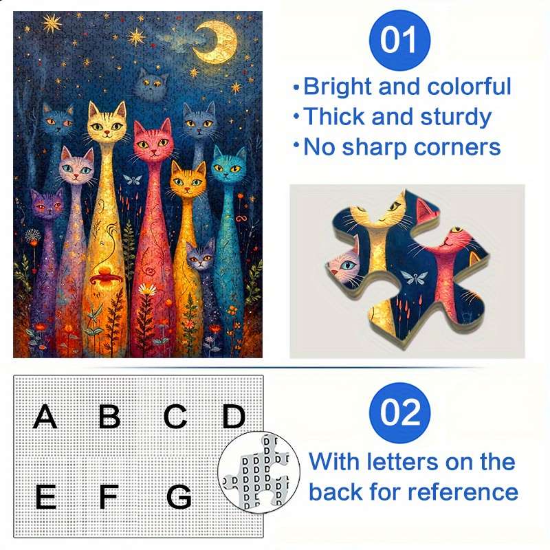 1000pcs Moonlit Cat Jigsaw Puzzle Whimsical Starry Night Scene with Colorful Cats