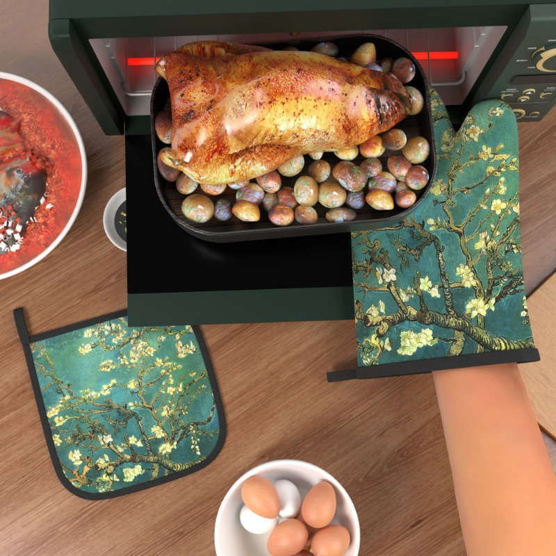 2pcs Heat-Resistant Oven Mitts with Apricot Tree Branch Design 26.92x17.02 cm Polyester Kitch