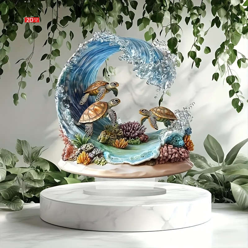 1pc 2D Flat  Bohemian Style Crystal Sea Turtle Wave Decor Plaque Vibrant Oceanic Scene with Color