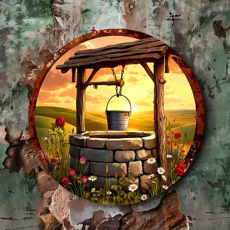 1pc Room Decor Rustic Well Sunset Aluminum Wall Art Circular Foil Engraving Sign 19.81 cm Ideal for