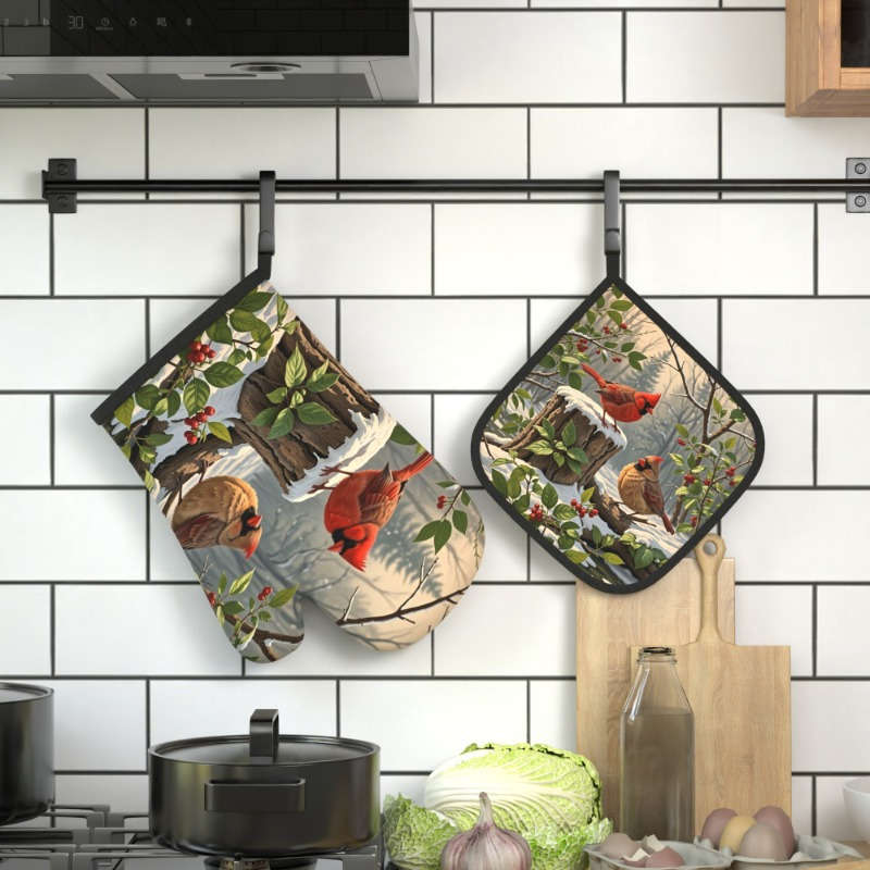 2pcs Set Cardinal Red Berries Green Leaves Oven Mitts and Pot Holders Heat Resistant Machi