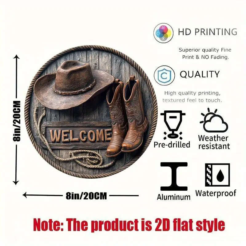 1pc Classic Western Cowboy Boots Hat Welcome Sign 20.32x20.32cm Round Aluminum Wall Hanging Decorati
