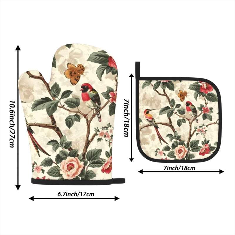 2pcs Floral Oven Mitts and Pot Holders Set Heat Resistant Machine Washable Polyester Ideal