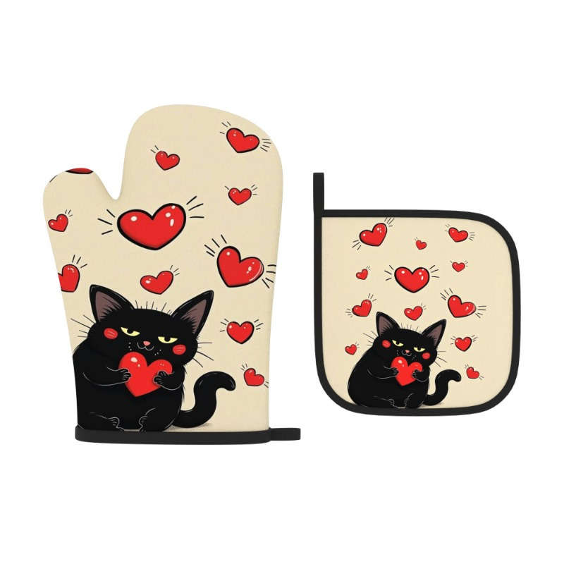 2pcs 26.92x17.02 cm Heat Resistant Oven Mitts And Potholders Fun Creative Picture Cat Holding R