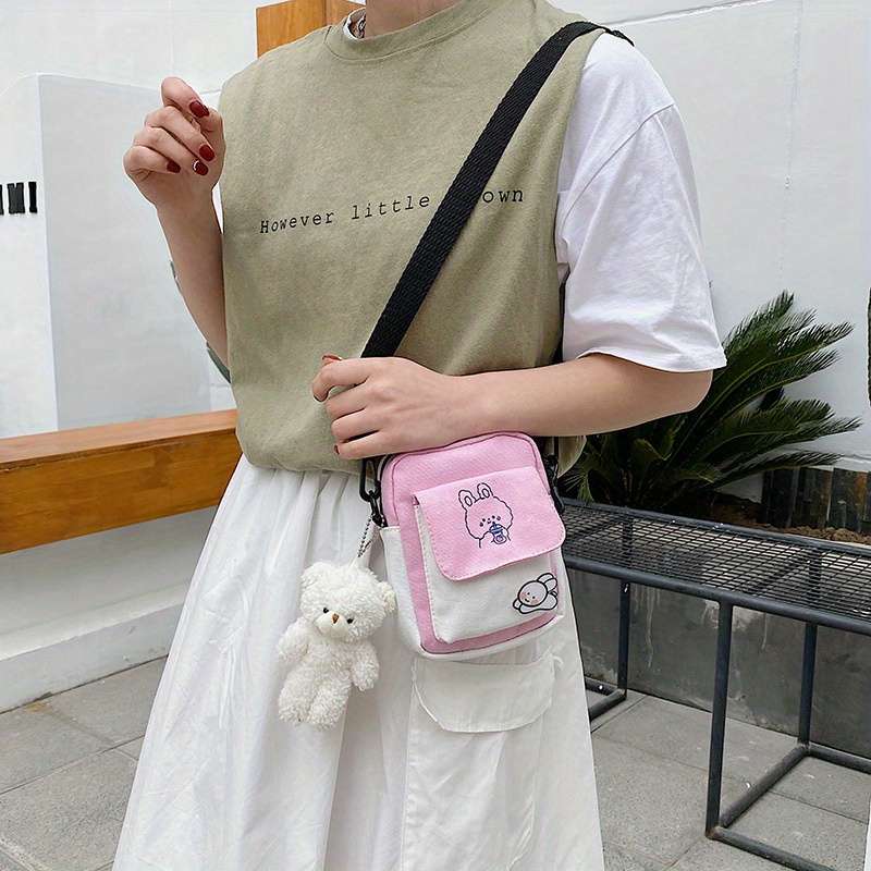 1pc Cute Bunny Canvas Crossbody Bag for Girls Simple Shoulder Messenger with Color-Block Desi