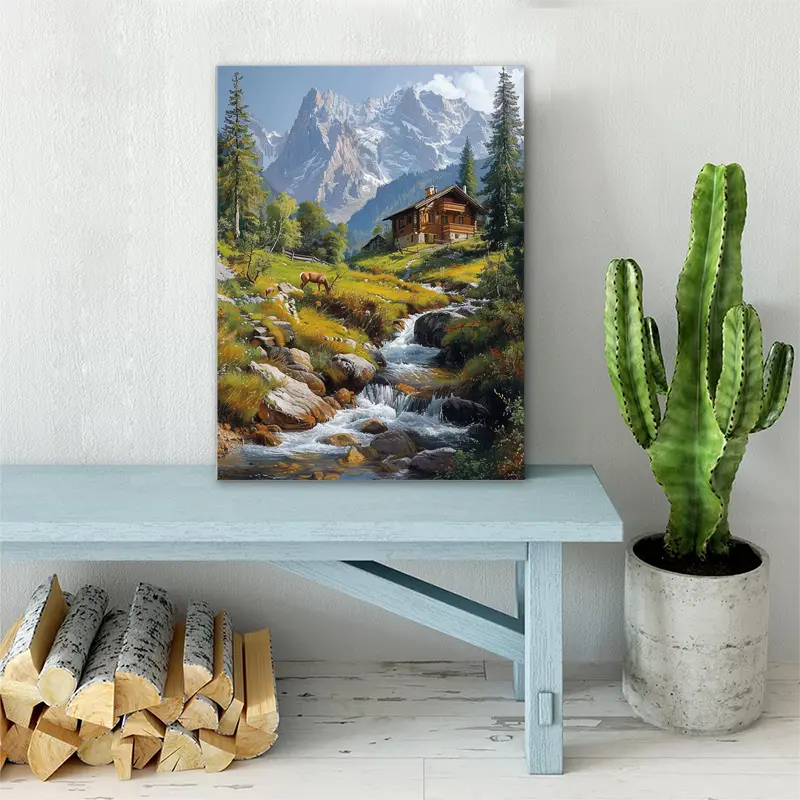 1pc Wooden Framed Canvas Painting an Oil Painting of The Picturesque Alpine Landscape Surrounded by
