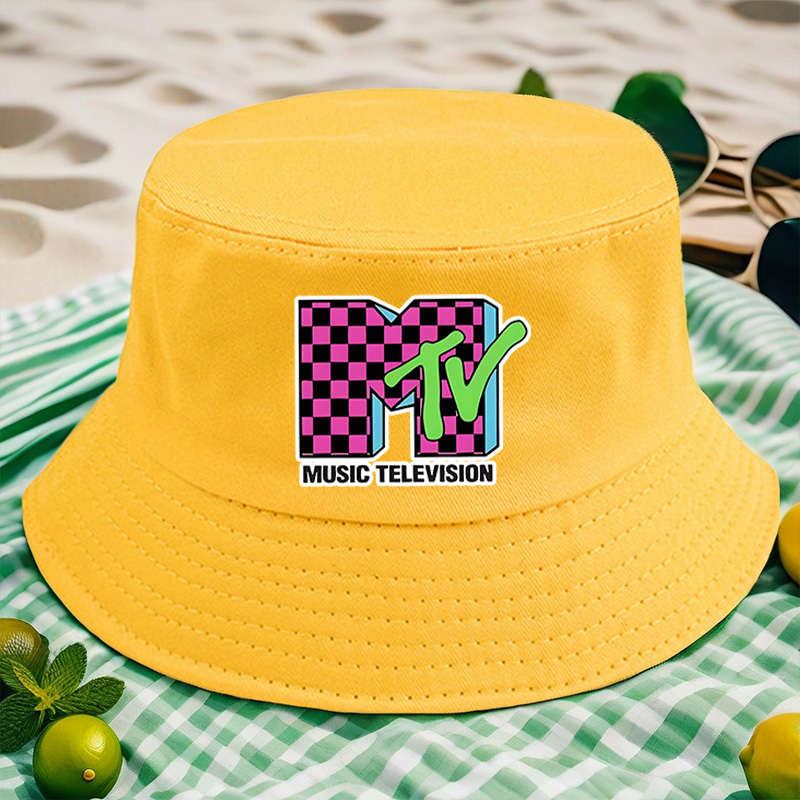 1pc MTV Logo Print Bucket Hat Vibrant Yellow Lightweight Polyester Machine Washable Ideal for