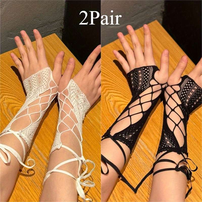 1 Pair 2Pair Lace And Fishnet Long Gloves
