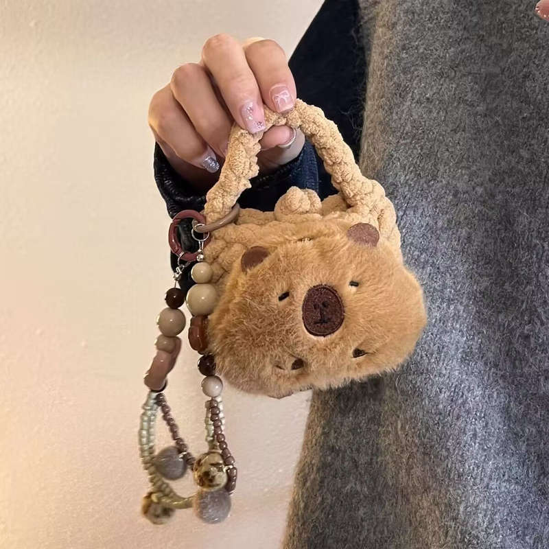 1pc Cute Capybara Cartoon Plush Coin Purse with Keychain Portable Mini Wallet for Earphones and C