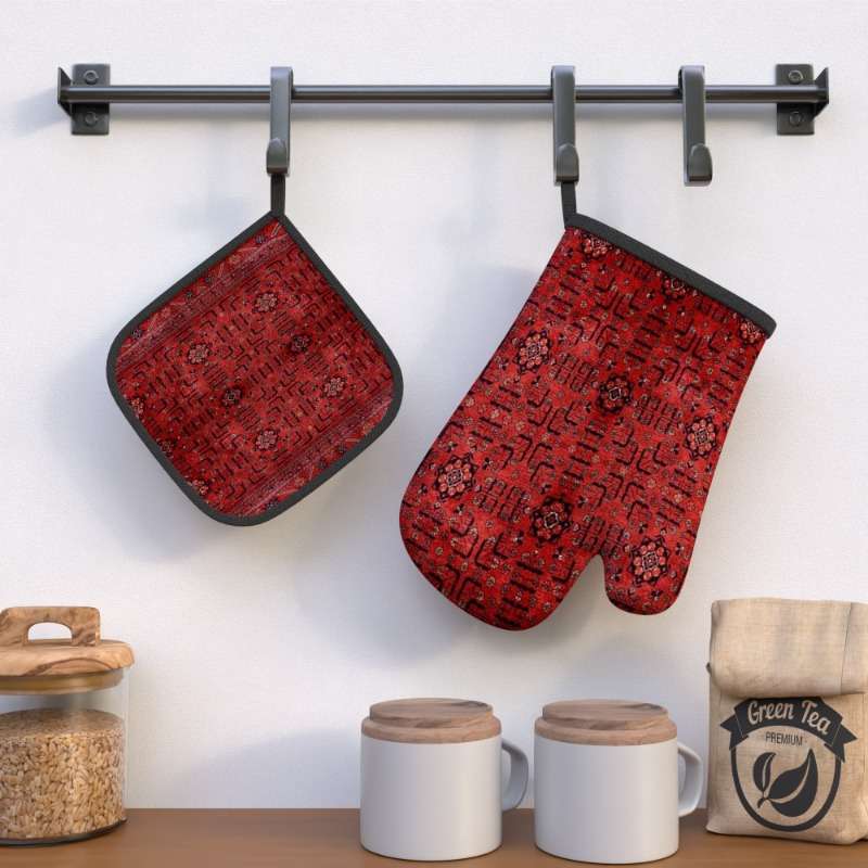 2pcs Red Floral Heat-Resistant Oven Mitts with Black Accents 26.92x17.02 cm Polyester Pot Hol