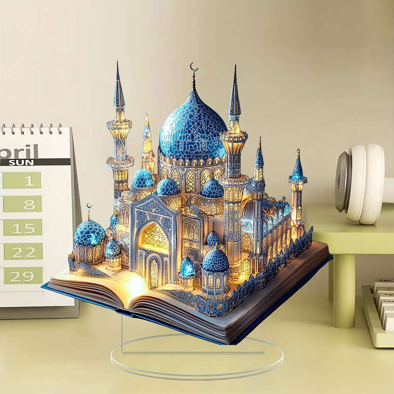 1pc 2D Flat   Acrylic Flat Mosque Model Elegant Blue Golden Mosque Design for Home Party D