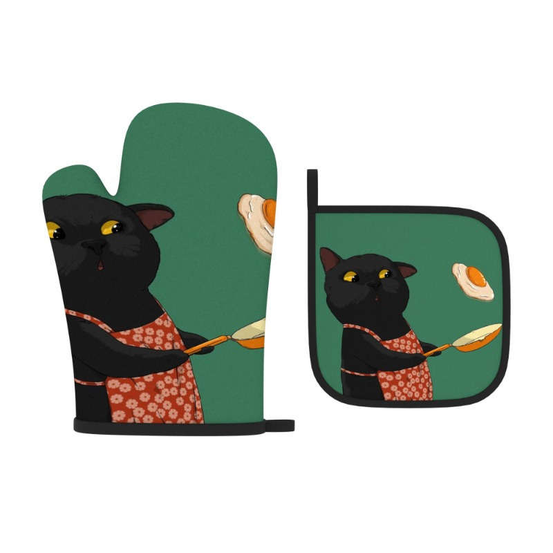 2pcs Cute Black Cat Oven Mitts Pot Holders Heat Resistant Polyester Machine Washable Pl