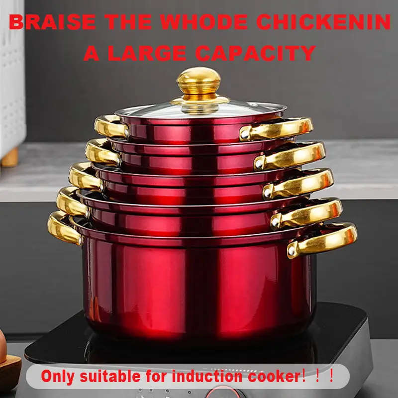 12-Piece Red Stainless Steel Frying Pan Set with Lids