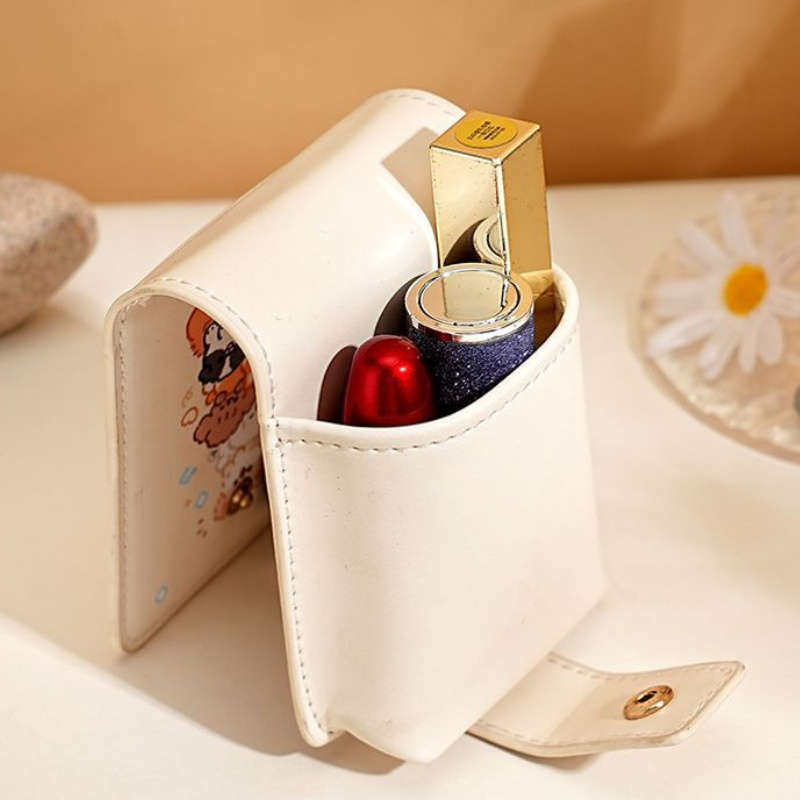 1pc Cute Cartoon Lipstick Holder with Mirror Portable Mini Makeup Bag for On-the-Go Touch-Ups