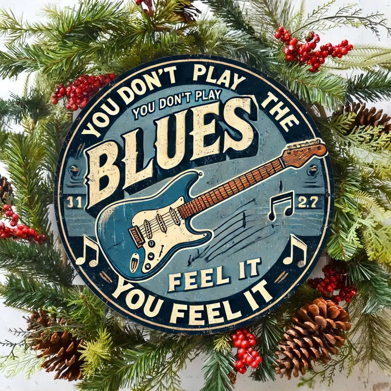 1pc  Vintage Blues Guitar Metal Sign 20.32X20.32 cm Iron Wall Hanging Decor Retro Circular Tin
