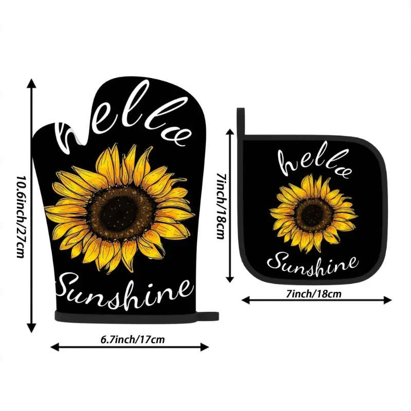 2pcs Sunflower Heat-Resistant Oven Mitts and Potholders Set 26.92*17.02 cm Polyester Machine Washabl