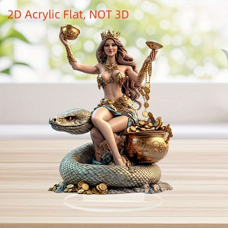 1pc 2D Flat  Elegant Bohemian  Acrylic Snake Goddess Statue with Golden Accents Luxurious Deskt
