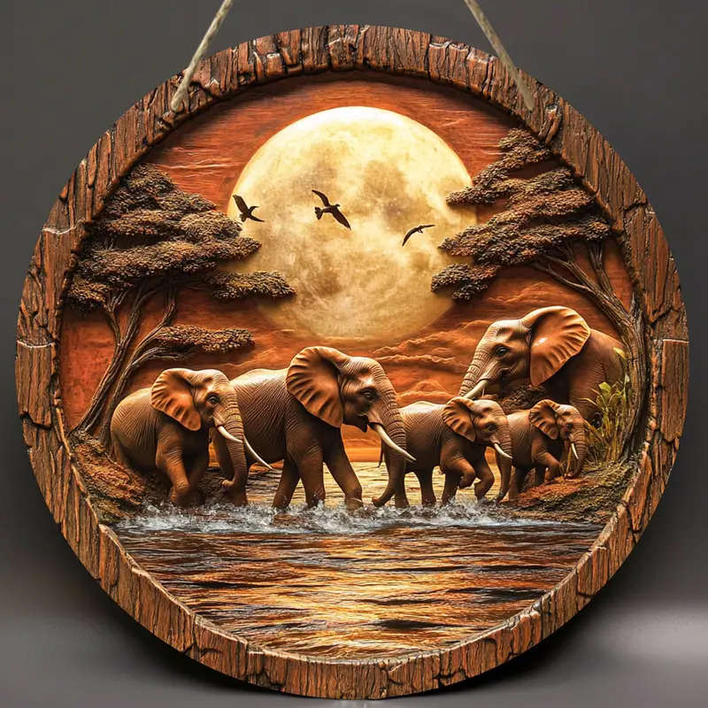 1pc Vintage Elephant Family Wooden Wall Art 20.32x20.32cm Round Decorative Sign with 2D Flat Print A