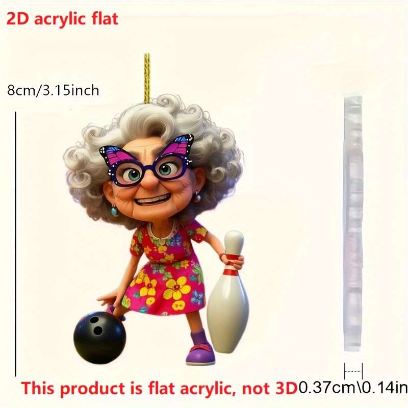 1pc 2D Flat   Acrylic Car Pendant Cute Grandma Playing Bowling Colorful Floral Dress Purpl