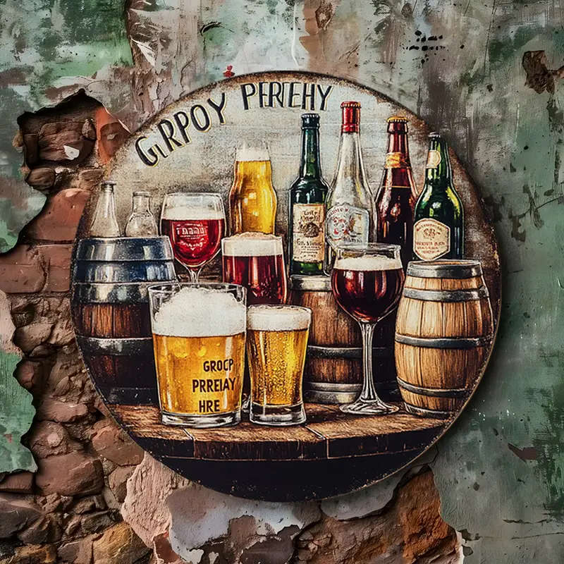 1pc Beer Wine Themed Round Aluminum Wall Hanging Sign 19.81 cm Diameter Ideal for Home Farmhouse Caf