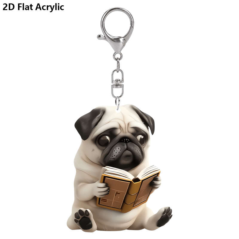 1pc 2D Flat  Acrylic Valentines Pug Dog Keychain Charm Keychain for Handbags Tote Bag Purse Charms C