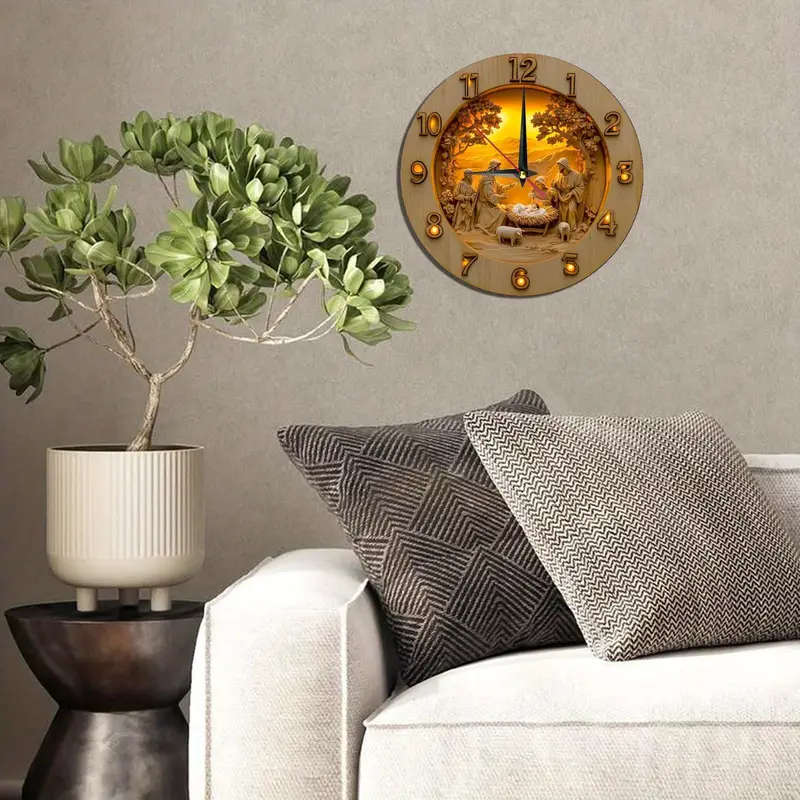 1pc 2D Vintage Wooden Round Wall Clock Featuring a Nativity Scene Designed in a Cottage Style for Ho