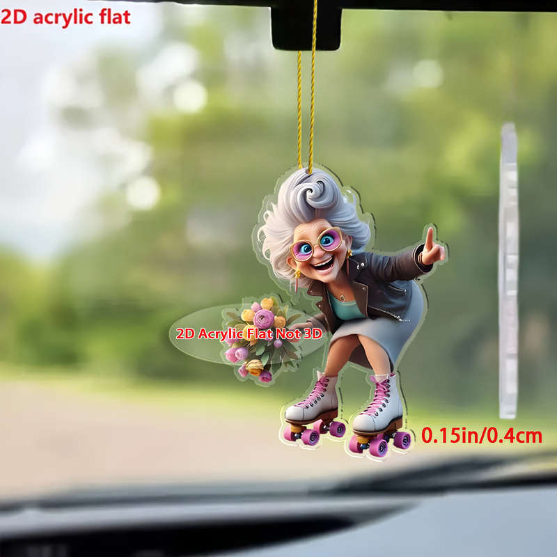 1pc 2D Flat   Vibrant  Acrylic Skateboarding Grandma Car Pendant Colorful Sports-Themed Key