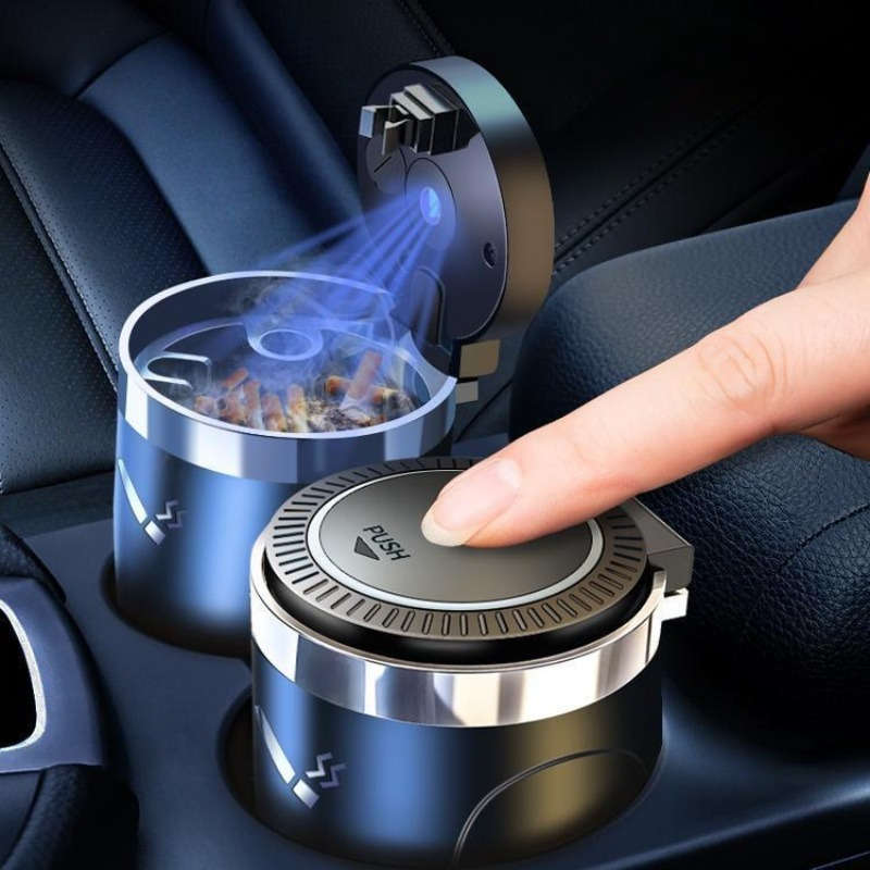 1pc LED Car Ashtray with Push-to-Open Cover Anti-Splash Metal Liner Durable Plastic Constructio