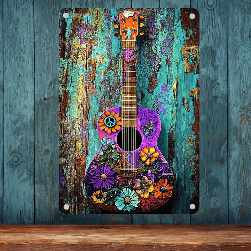 1pc  Vibrant Guitar Metal Wall Art Colorful Flowers Peace Sign Design Frameless Ideal for