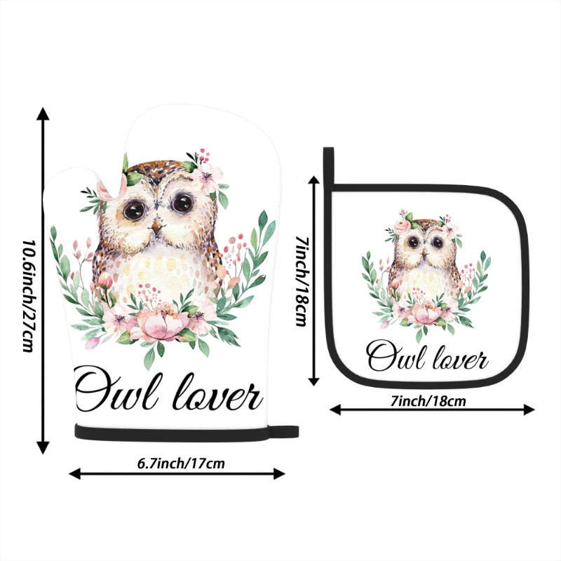 2pcs Set Owl Lover Themed Polyester Oven Mitts and Pot Holders 26.92x17.02 cm Heat Resistant