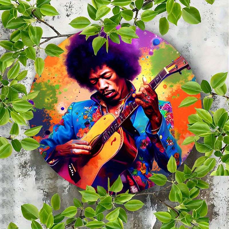 1pc Vibrant Jimi Hendrix-Inspired Metal Wall Art Round Decor Sign with Splattered Paint Design 1