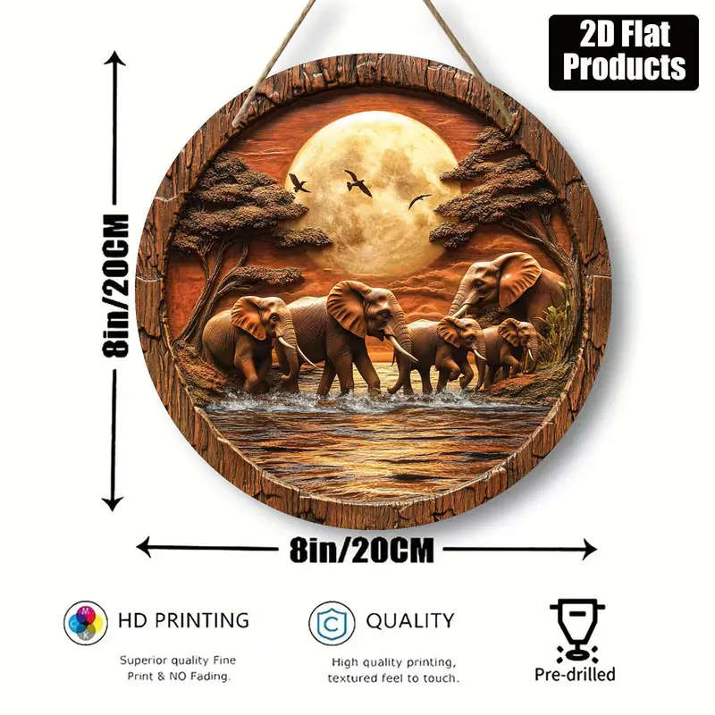 1pc Vintage Elephant Family Wooden Wall Art 20.32x20.32cm Round Decorative Sign with 2D Flat Print A