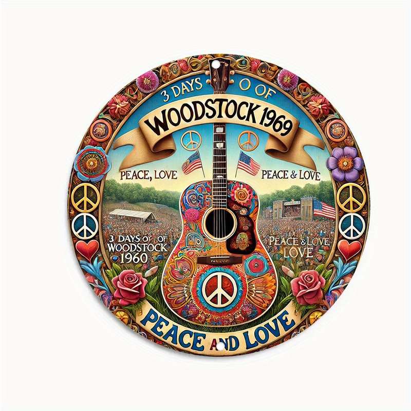 1pc 2D Flat Woodstock Music Festival Hippie Peace Sign Art Retro Round Tin Sign Vintage Wall Dec